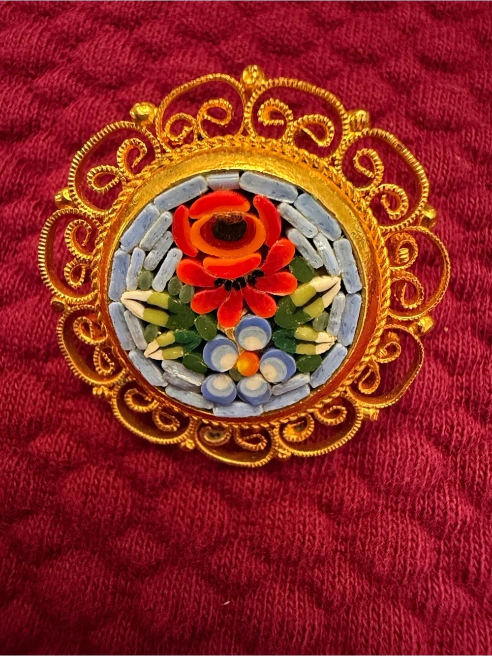 VTG Authentic Italian Micro Mosaic Brooch Pin Gold Tone Filigree Floral Italy